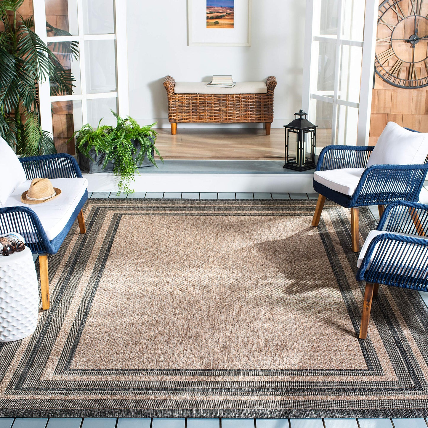 SAFAVIEH Washable Rug Outdoor Courtyard Collection - 9' Square, Natural & Black, Non-Shedding & Easy Cleaning, Ideal for Patio, Backyard, Mudroom (CY8475-37312)