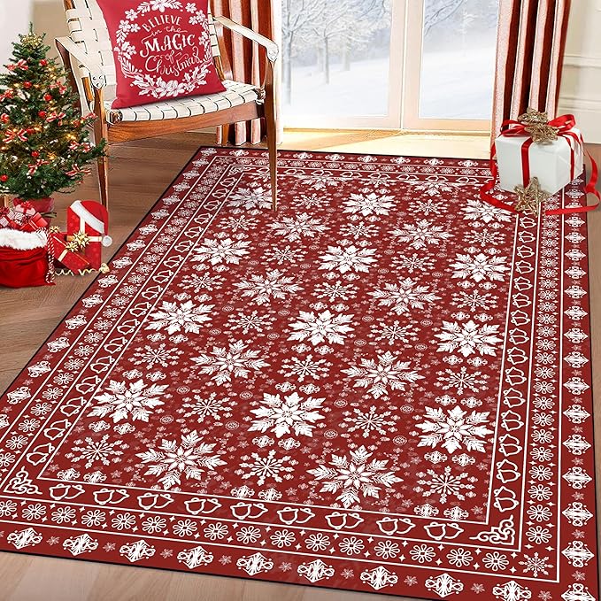 4' X 6' Christmas Rug Snowflake Area Rugs for Living Room Bedroom Dining Room Nursery Dorm Plaid Mat Washable for Kids Girls Women Xmas Carpet Floor Pad Doormat Winter