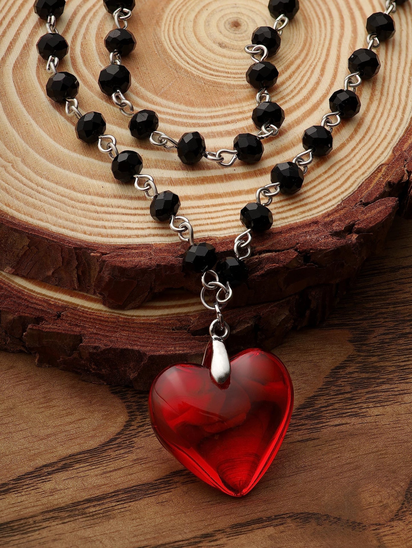 Sacina Gothic Y2k Red Heart Necklace, Layered Black Beaded Heart Choker, Gothic Emo Grunge Y2k Necklace, Valentine Gift, Halloween Christmas Jewelry Gift For Women