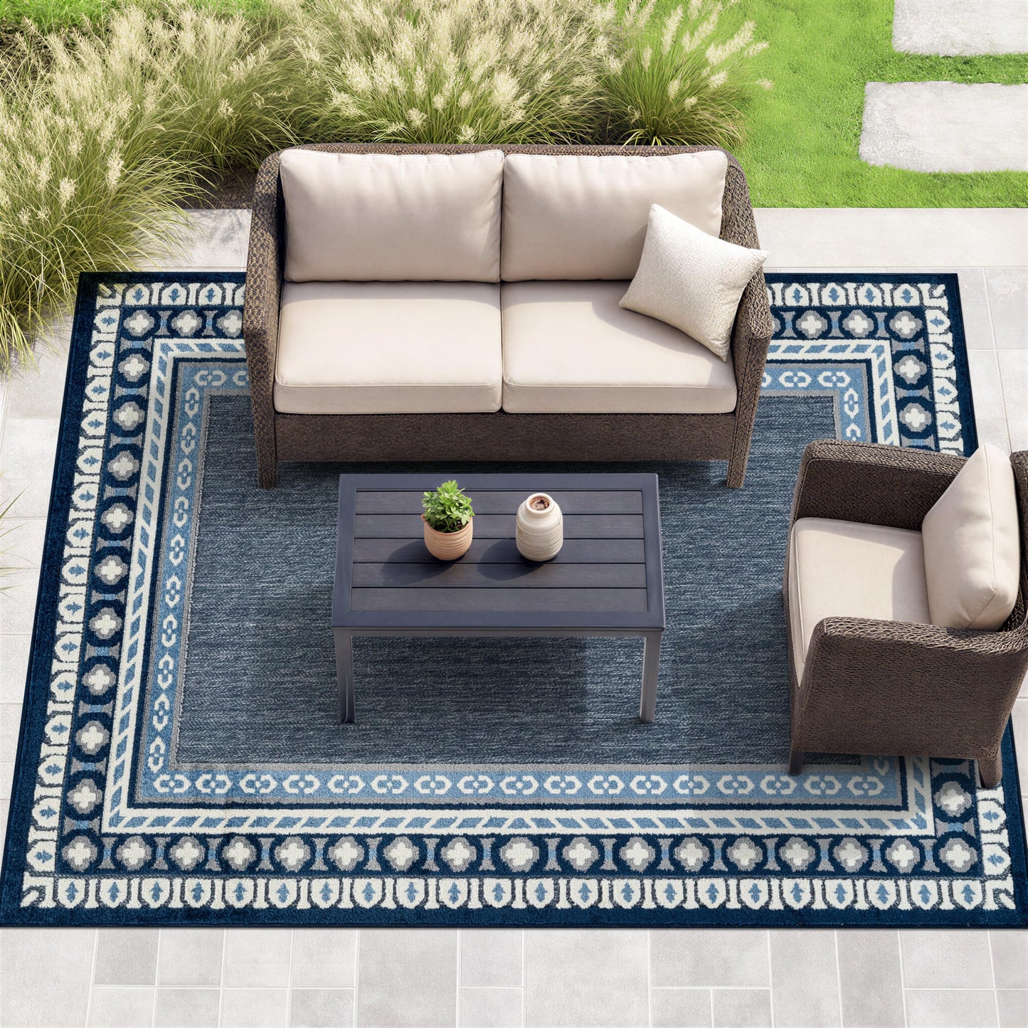 Rugshop Indoor/Outdoor High-Low Textured Area Rug, Coastal Border, Easy-Clean Patio Rug for Porch Deck Balcony 7' 10" x 10' Navy