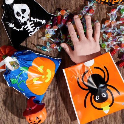 JOYIN 96 Pcs Halloween Drawstring Candy Bags, Small Trick or Treat Goodie Bags Bulk, 6 Designs Halloween Plastic Gift Bag for Kids Trick or Treating, Boys Girls Party Favors Supplies, Classroom Gifts