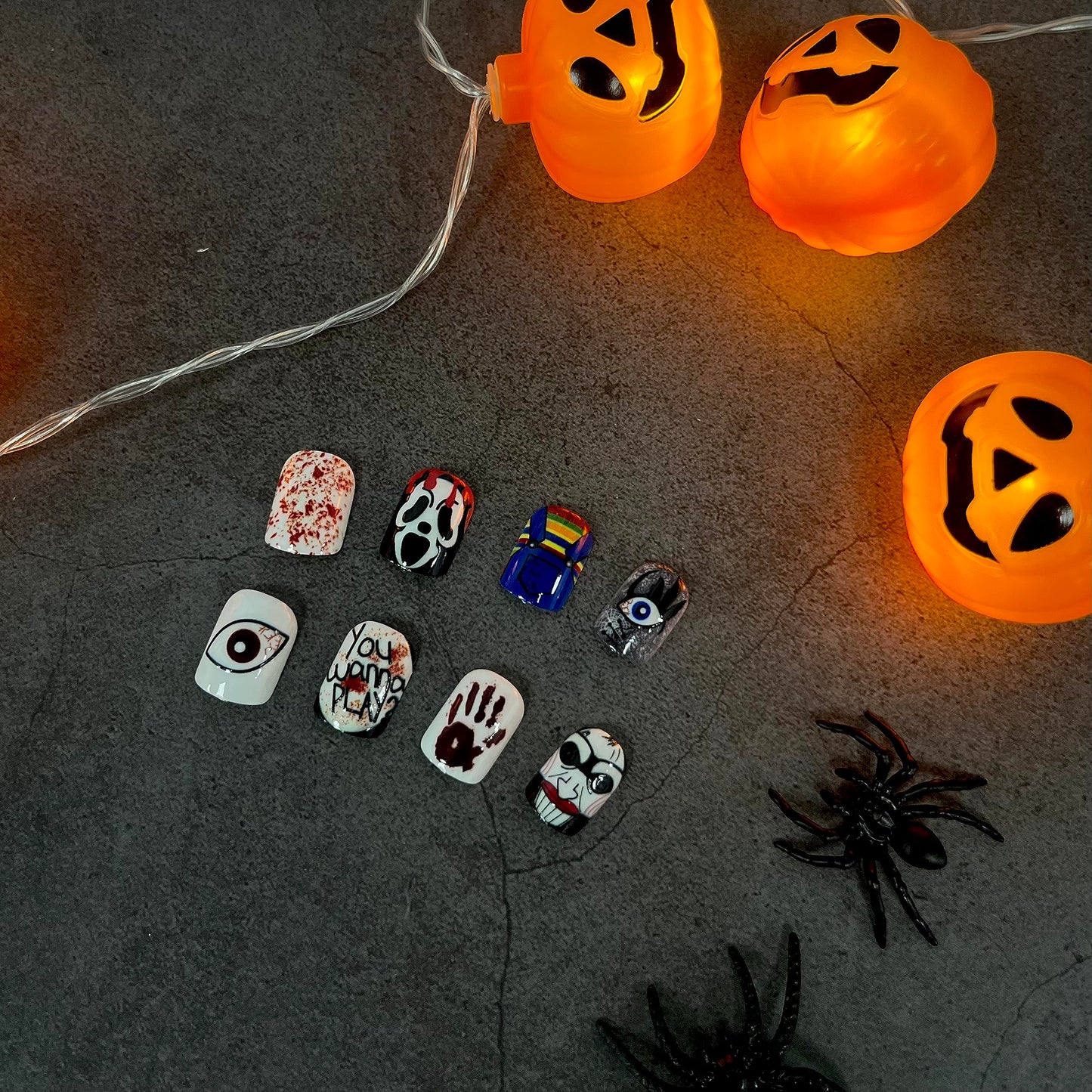 Halloween Short Press on Nails Square Fake Nails Scary Movie Characters Bloody Halloween Glue on Nails False Nails with Designs Holiday Halloween Manicure Art Decorations for Women 24Pcs