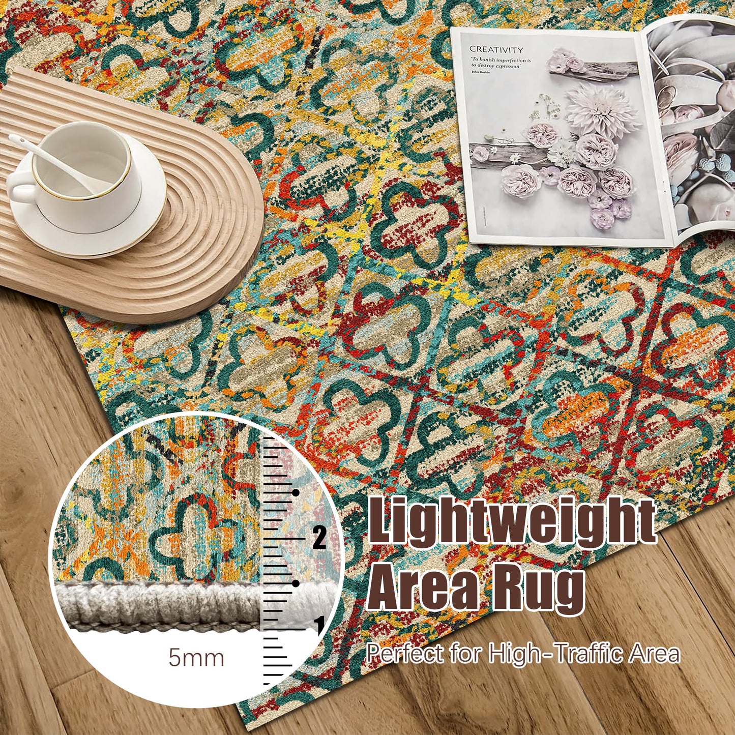 RUGSURE Washable Area Rugs, 5' x 7' - 1/6 Thick - Stain & Water Resistant Non-Slip - Perfect Resistant Rug for Living Room, Bedroom, Nursery, Pet & Child Friendly, Vibrant Colors Rugs, Multicolor