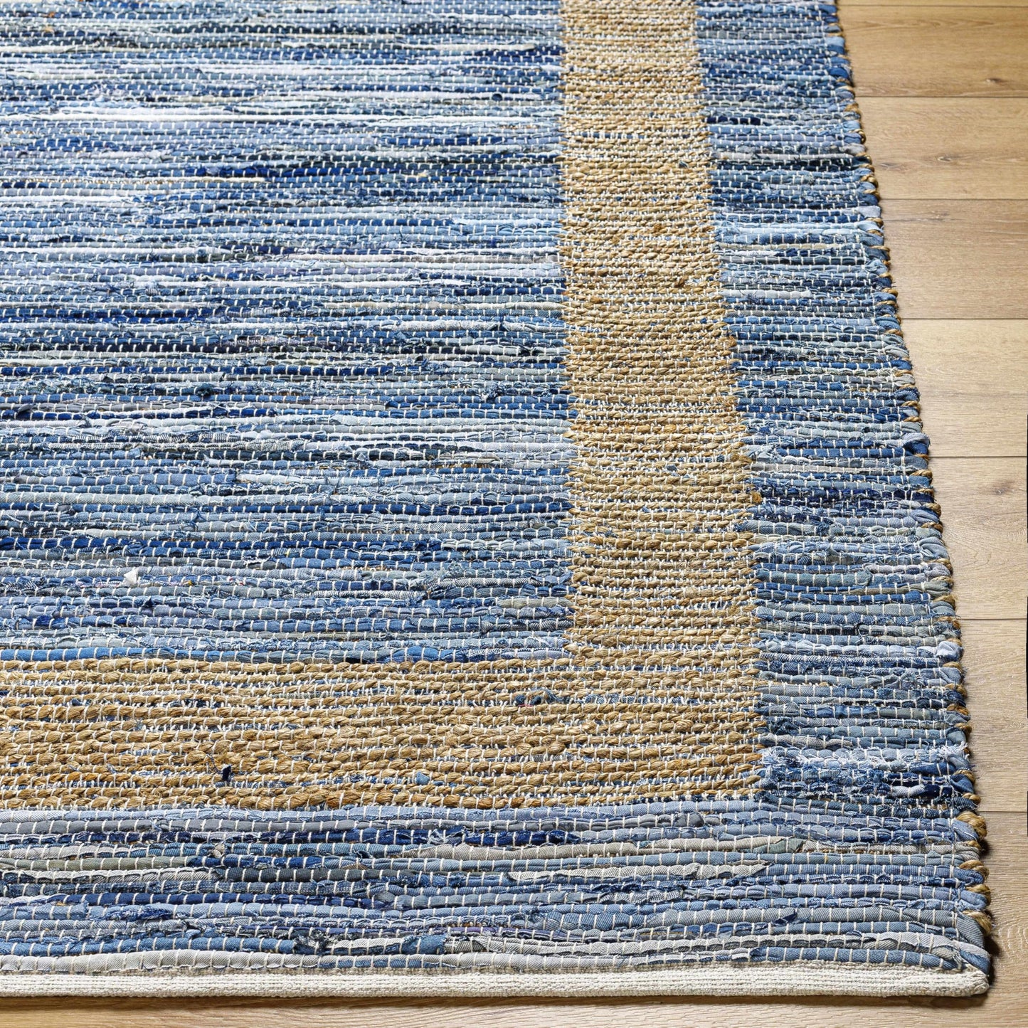 Hauteloom Nobel Recycled Material Living Room, Bedroom Area Rug - Border Striped Abstract - Contemporary Modern Coastal Boho Farmhouse - Mocha, Charcoal, Rose Cream, Blue, Tan - 27" x 45"