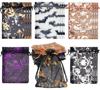 Jexila 100 Pack Halloween Organza Gift Bags with Drawstring 4''x6'' Small Halloween Goodie Candy Treat Bag for Kids Classroom Tick or Treat Party Favor