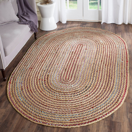 SAFAVIEH Cape Cod Collection Area Rug - 9' x 12' Oval, Natural & Multi, Handmade Boho Braided Jute, Ideal for High Traffic Areas in Living Room, Bedroom (CAP251A)