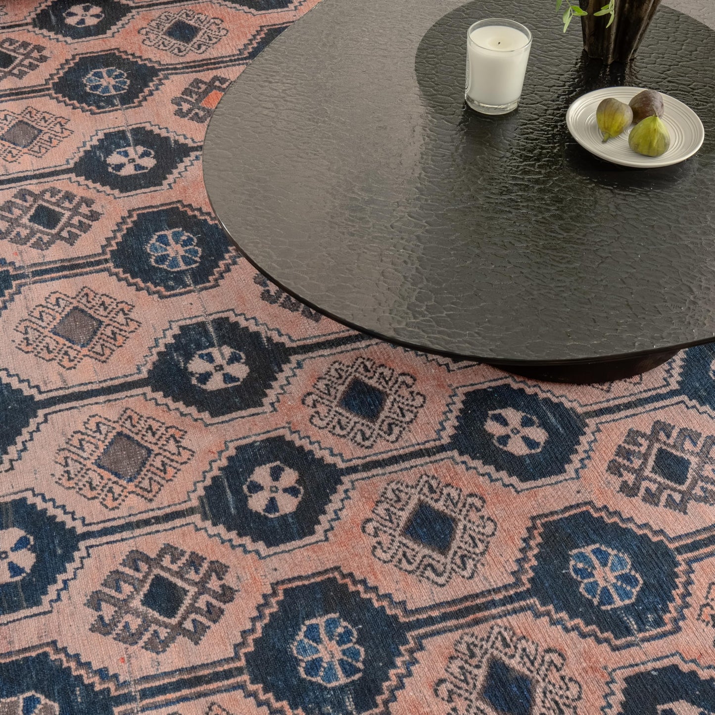 KNOTTING MATTERS Indiclay 7’6” x 9’6” Area Rug – Blush Pink & Deep Navy Heritage Flatweave, Low-Pile – Easy Clean Area Rug – Perfect for Living Room, Dining Room, Bedroom – Pet & Kid Friendly
