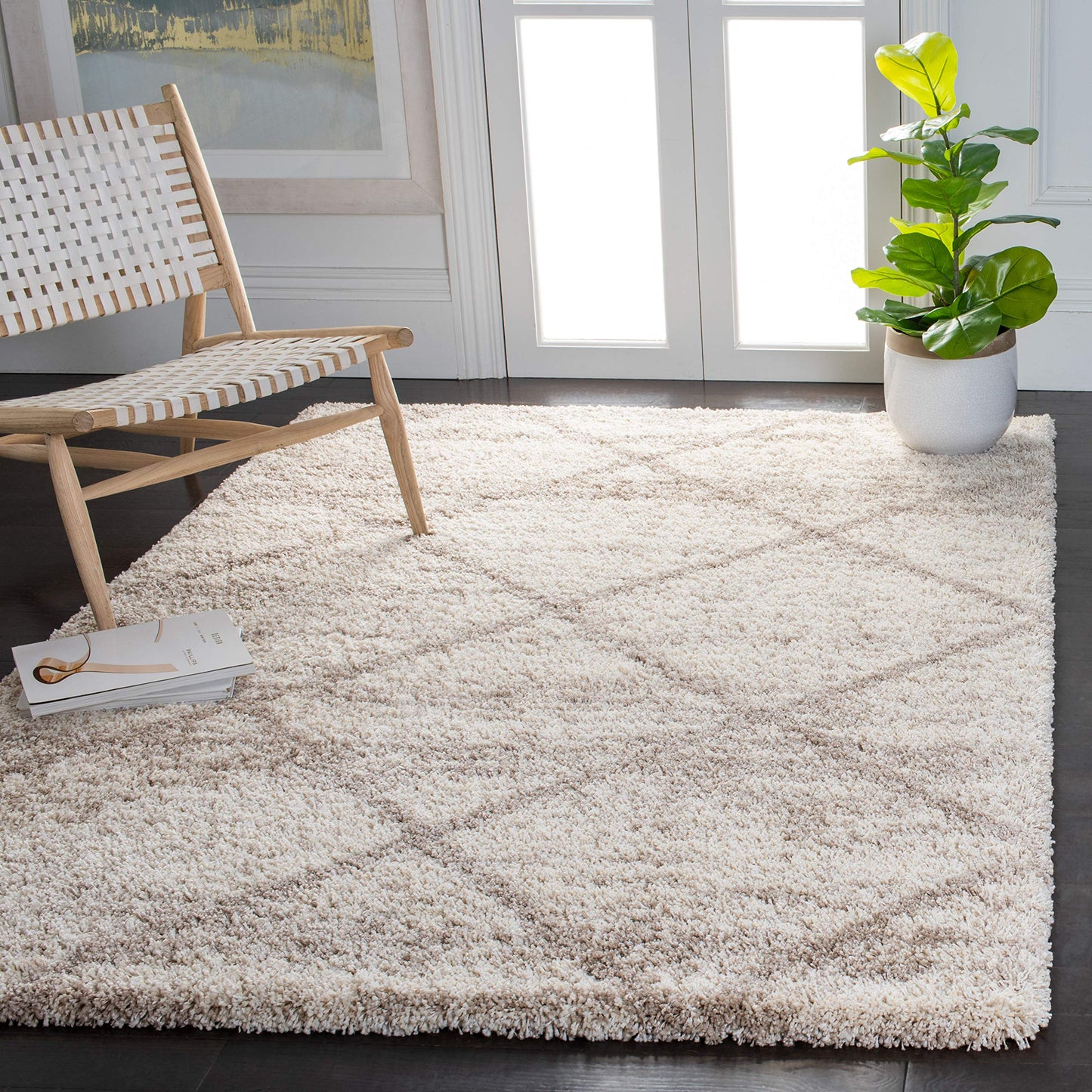 SAFAVIEH Hudson Shag Collection Area Rug - 7' Square, Multi Ivory & Beige, Modern Trellis Design, Non-Shedding & Easy Care, 2-inch Thick Ideal for High Traffic Areas in Living Room, Bedroom (SGH281H)