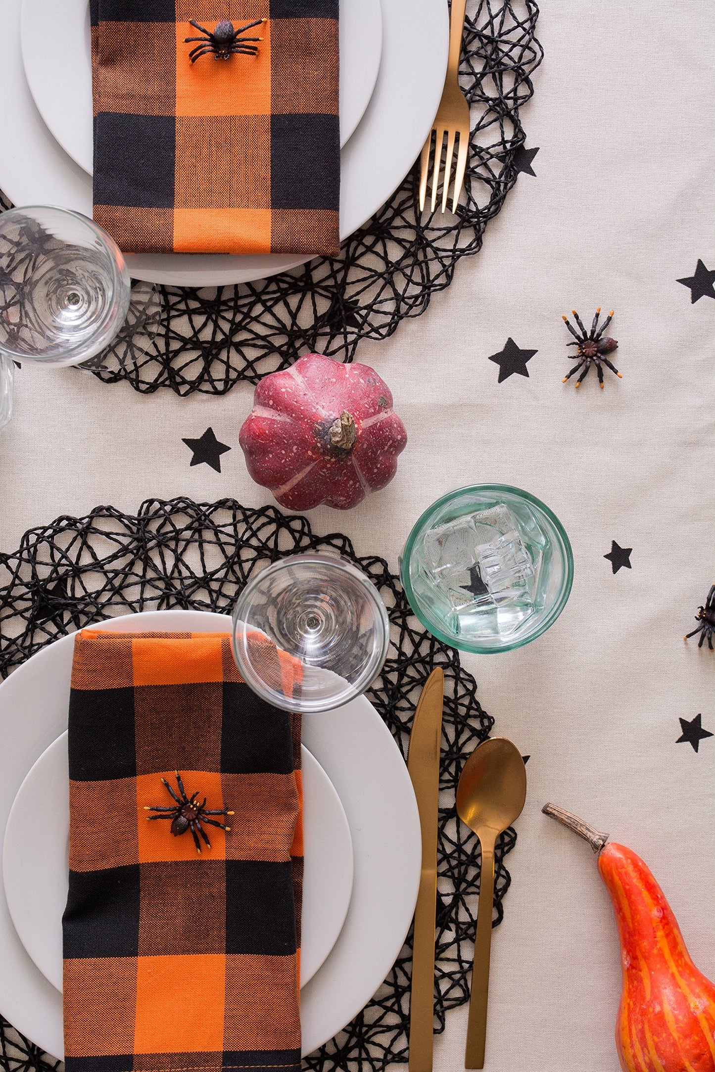 DII Halloween Tabletop Collection Bold Black Stars/Spooky Spider with Orange Border on Off-White Natural Background, Machine Washable, 52x52 Tablecloth