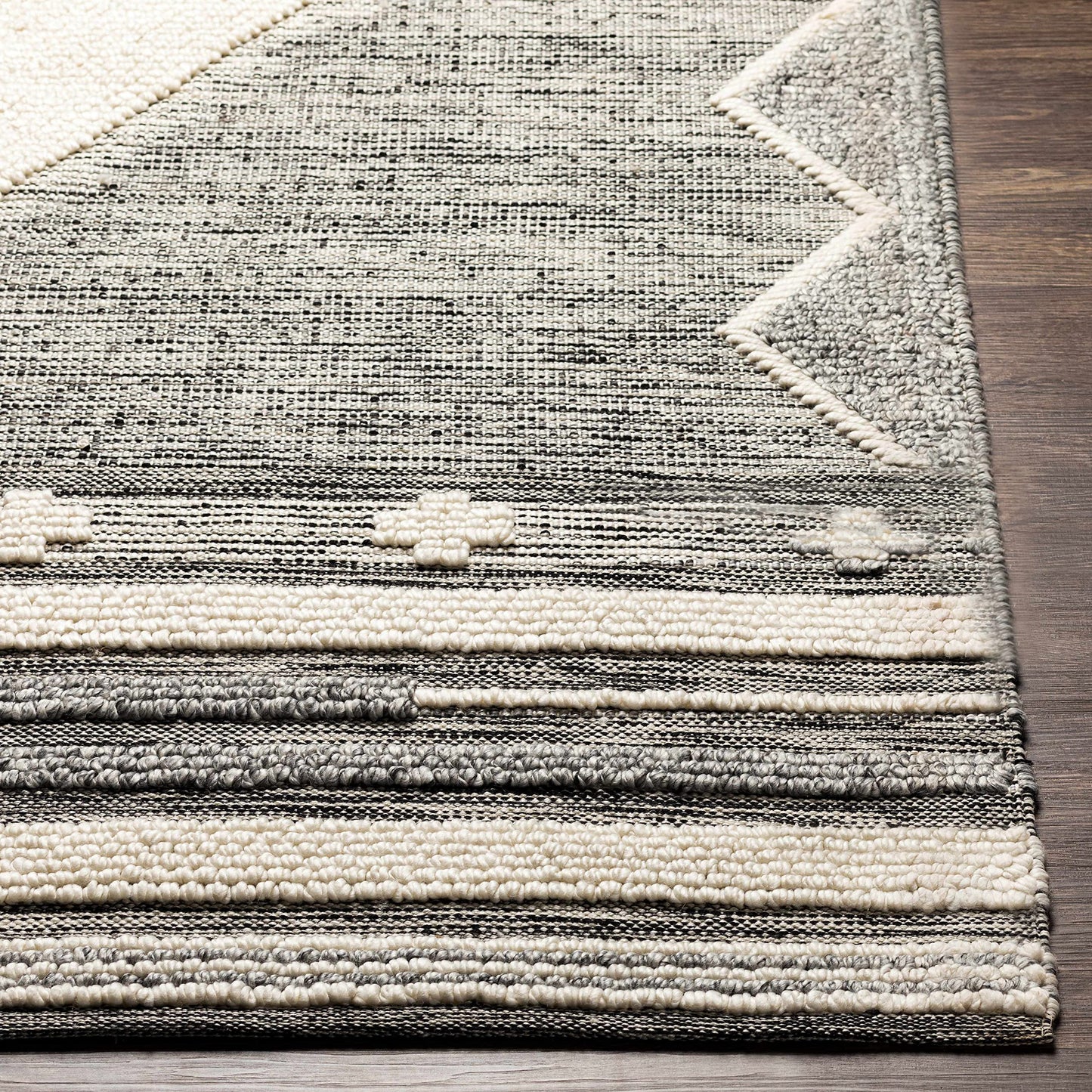 Hauteloom McDonald Recycled Material Area Rug - Geometric Diamond Border Striped Medallion - Bohemian Transitional Tribal Southwestern Navajo - Light Slate, Medium Gray, Black, Gray, Cream - 2' x 3'