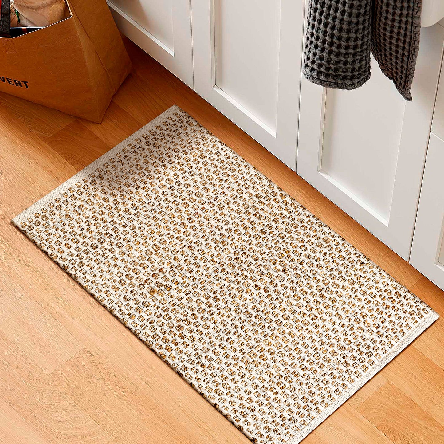 Ramanta Home Jute Cotton Rug 24x36 Inches Natural White, Handwoven Small Farmhouse Honeycomb Artistic Design Floor Rugs for Kitchen, Bedroom, Living Room, Entrance | Accent Reversible for Home Décor