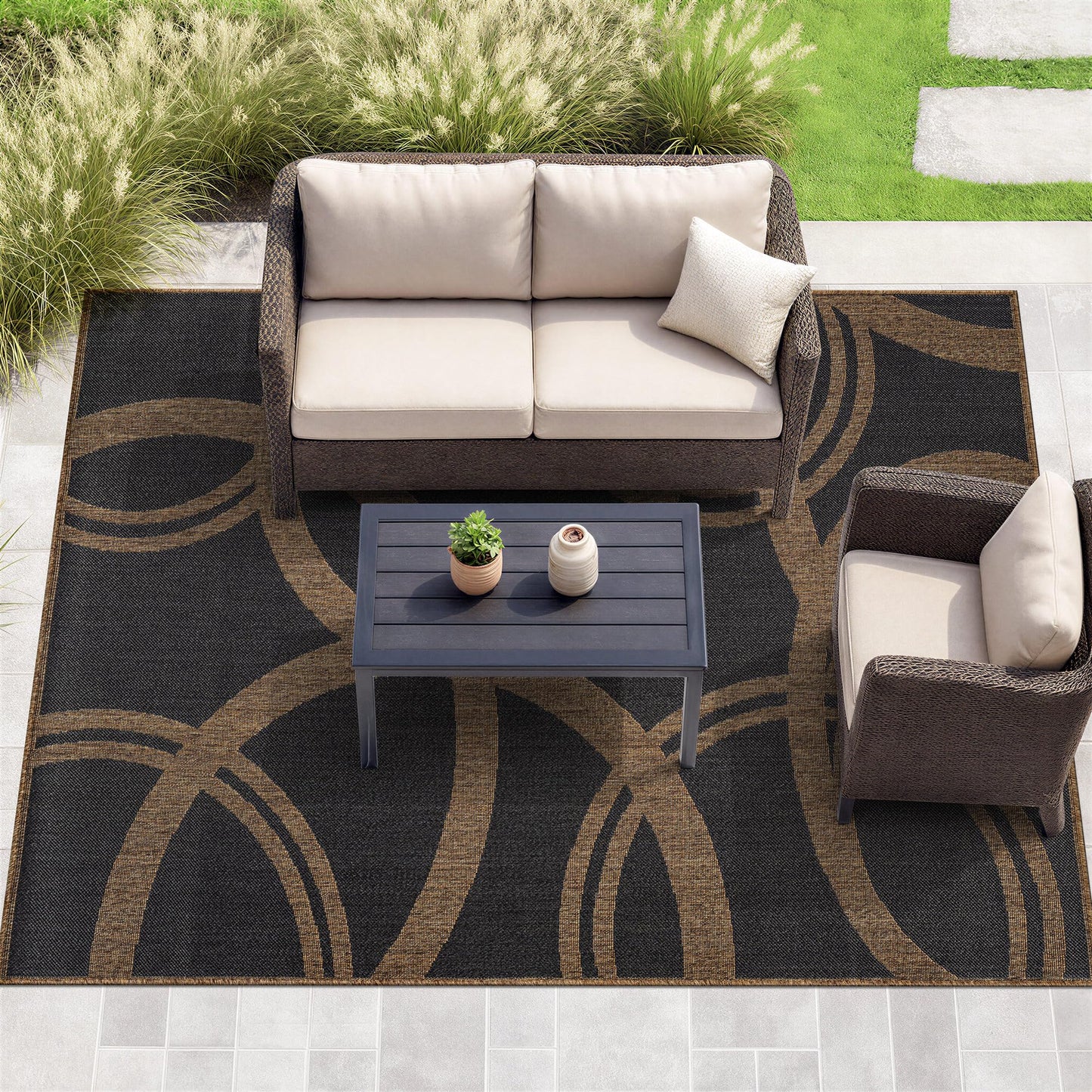 Rugshop Abstract Indoor Outdoor Flat Woven Area Rug,Natural Jute-Style,Easy-Care Patio Rug for Backyard Porch Deck Balcony, 6'6" x 9' Dark Gray/Natural