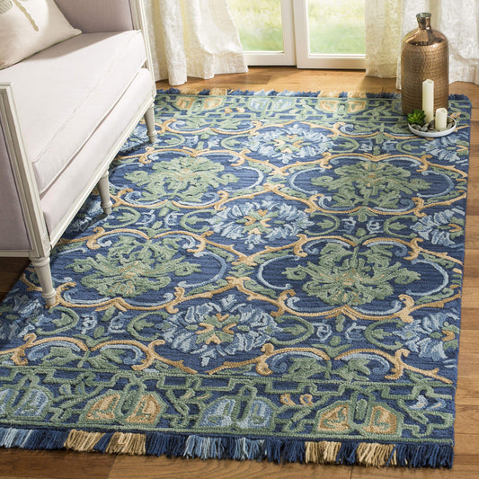 SAFAVIEH Blossom Collection 3' x 5' Navy / Green BLM422A Handmade Fringe Premium Wool Area Rug