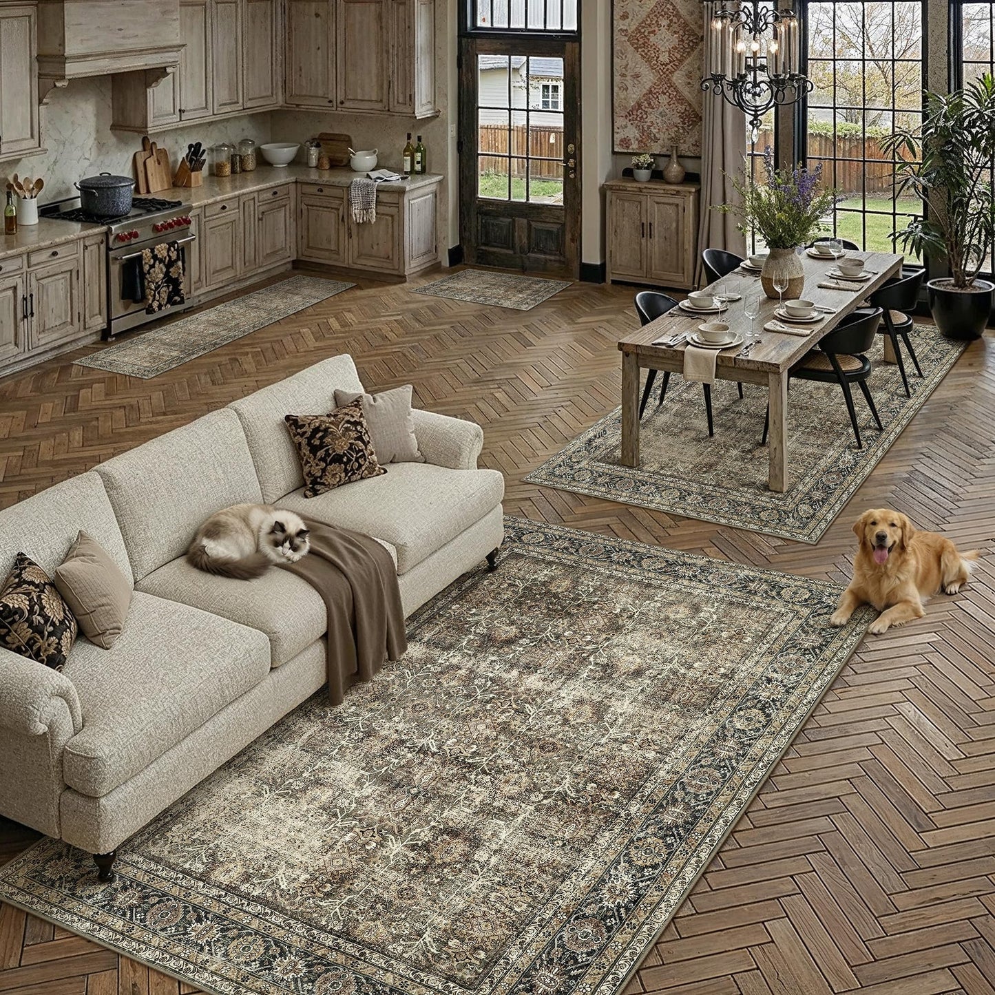 PureCozy Vintage Area Rug 8x10 Brown Washable Living Room Large Carpet Non Slip Bedroom Indoor Office Low Pile Traditional Distressed Retro Accent Rug for Dining Room