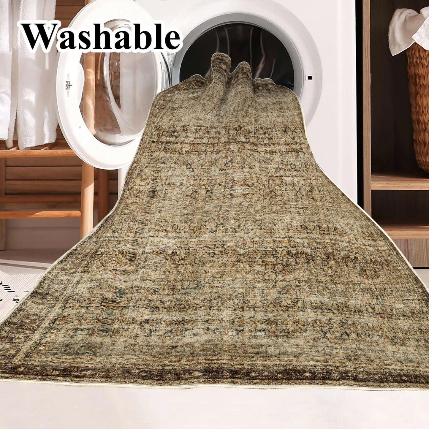 CHAMPLANT Area Rug 8x10 Washable Rug Brown Vintage Traditional Mat Distressed Indoor Foldable Thin Retro Accent Floral Non Slip Carpet Living Room Dining Room Office