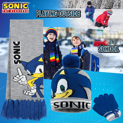SONIC THE HEDGEHOG Beanie Hat Scarf and Gloves Set for Boys (4-15 Years, Blue/Grey Sonic 3 Pcs)