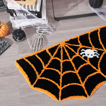 TRUEDAYS Halloween Decor Spider Web Bath Mat for Bathroom, Cute Orange Halloween Decoration Black Half Circle Bath Mat Non Slip Cartoon Shaped Bath Rug Bathroom Mat Plush Shower Rugs Washable