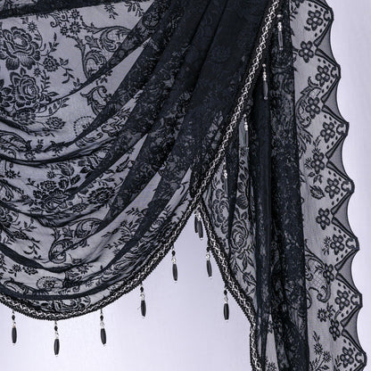 Huierxun Halloween Black Lace Waterfall Window Valance with Bead Tassels Floral Embroidered Valance Curtains Semi Sheer Rod Pocket Valance/Swags for Bedroom/Living Room/Kitchen/Basement(Black,39"x41")