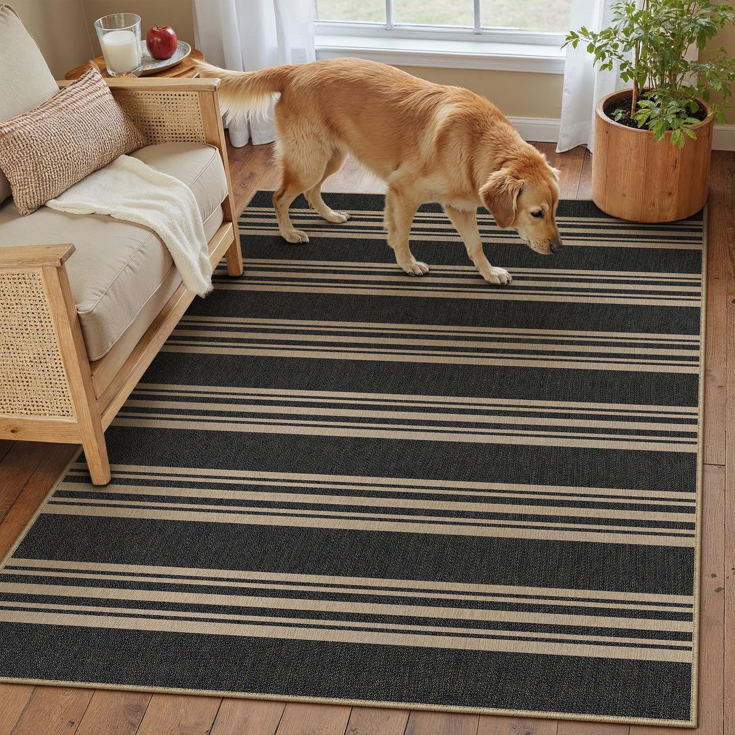 PureCozy Striped Easy Jute Rug 3x5 Black Entryway Carpet Washable Non Slip Office Door Mat Farmhouse Neutral Non Shedding Small Indoor Outdoor Rug for Bathroom Kitchen Bedroom Living Room