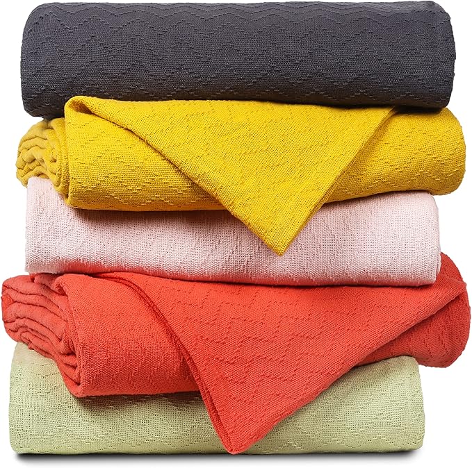 BELIZZI HOME 100% Cotton Bed Blanket, Breathable Thermal Blanket Full -Queen Size, Soft Chevron 90 inch x90 , Perfect for Layering Any All Season, Mustard Yellow