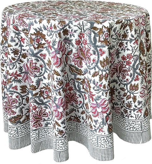 ATOSII Eden Multicolor 100% Cotton Round Tablecloth, Handblock Print Floral Table Cloth for Kitchen Dining Linen I Parties, Weddings, Outdoors, Holidays I Fall Home Decor 72" Inches Round