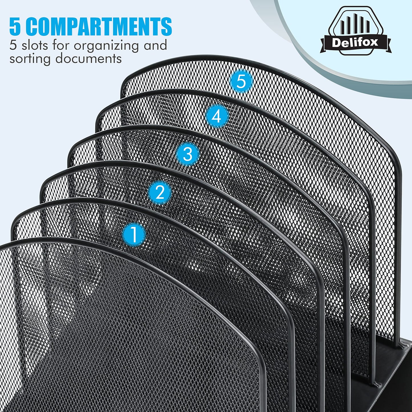 Delifox Inclined Desk File Organizer, 5-Section Vertical File Folder Holder Stand Metal Rack File Sorter for Office Classroom Desktop Organization (Black, 1Pack)