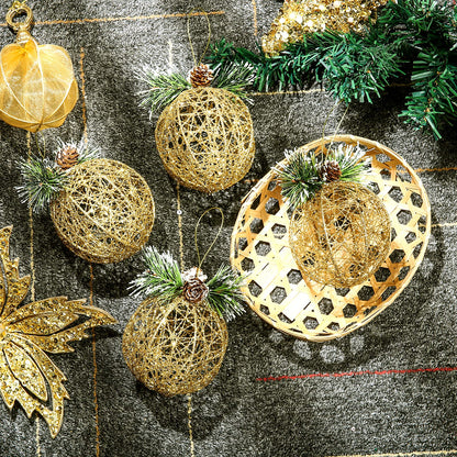 Christmas Ball Ornaments, 4pc Set Gold Pinecone Rattan Thread String Christmas Tree Ornament Xmas Trees Wedding Party Decorations