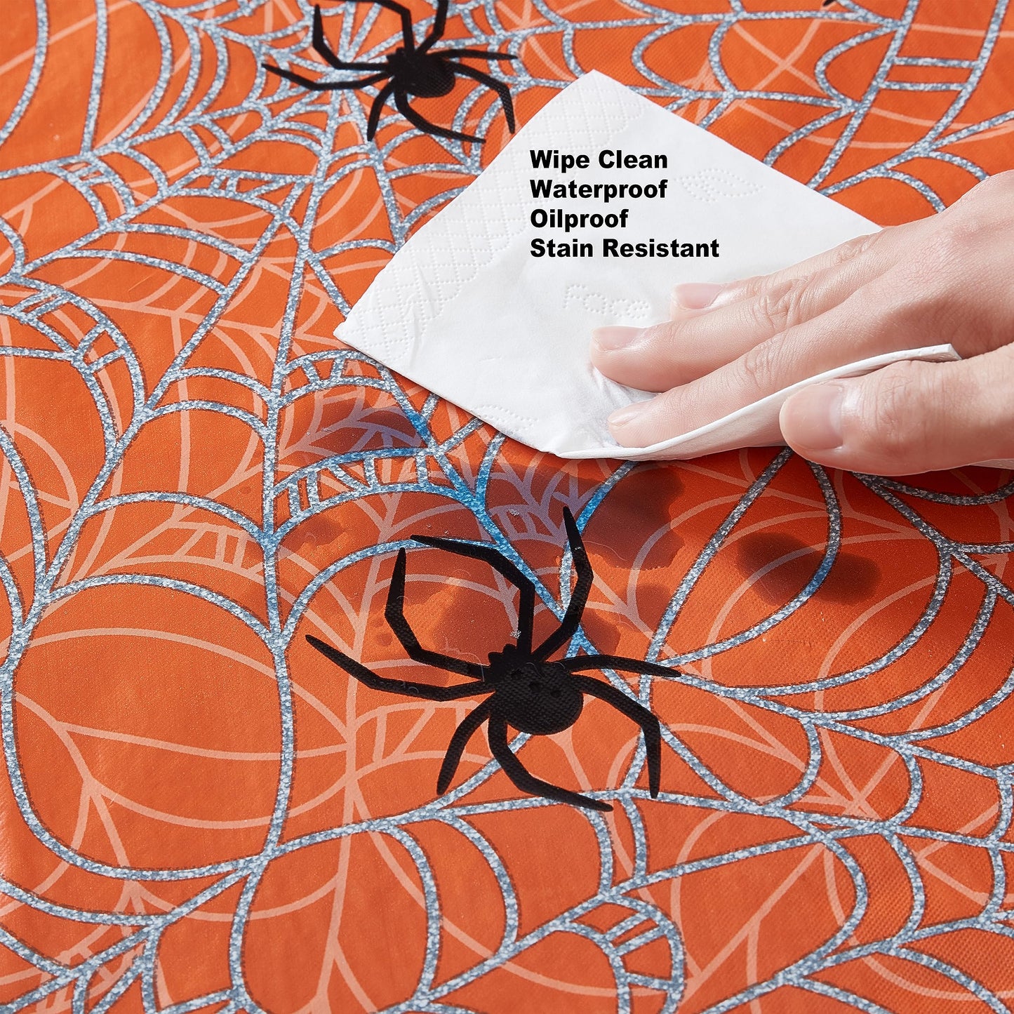 Newbridge Halloween Orange Scary Spiders Web 52 x 70 Inch Rectangle Vinyl Tablecloth with Flannel Backing