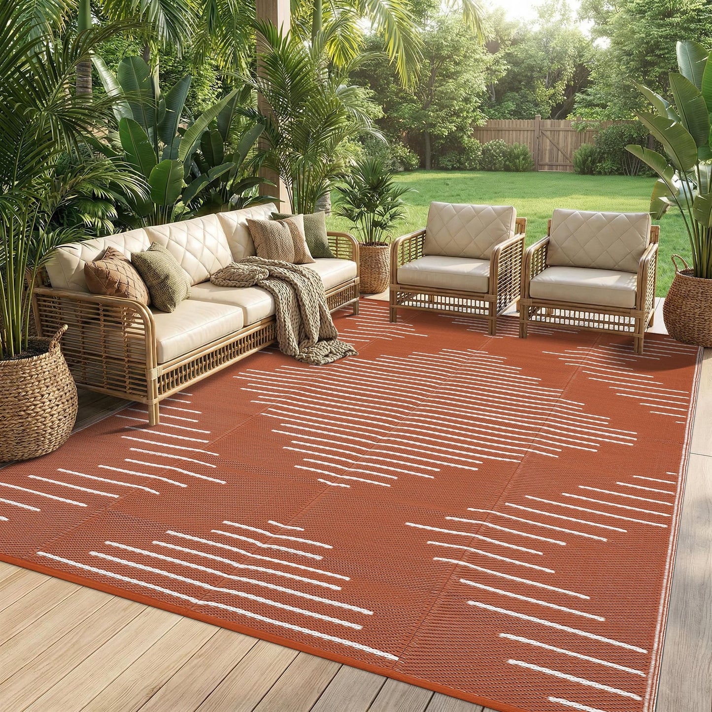 Garvee Waterproof Outdoor Rug 5x8 Rug Plastic Reversible Area Rugs Indoor Outdoor Carpet for Patio RV Porch Balcony Backyard Picnic Terracotta White
