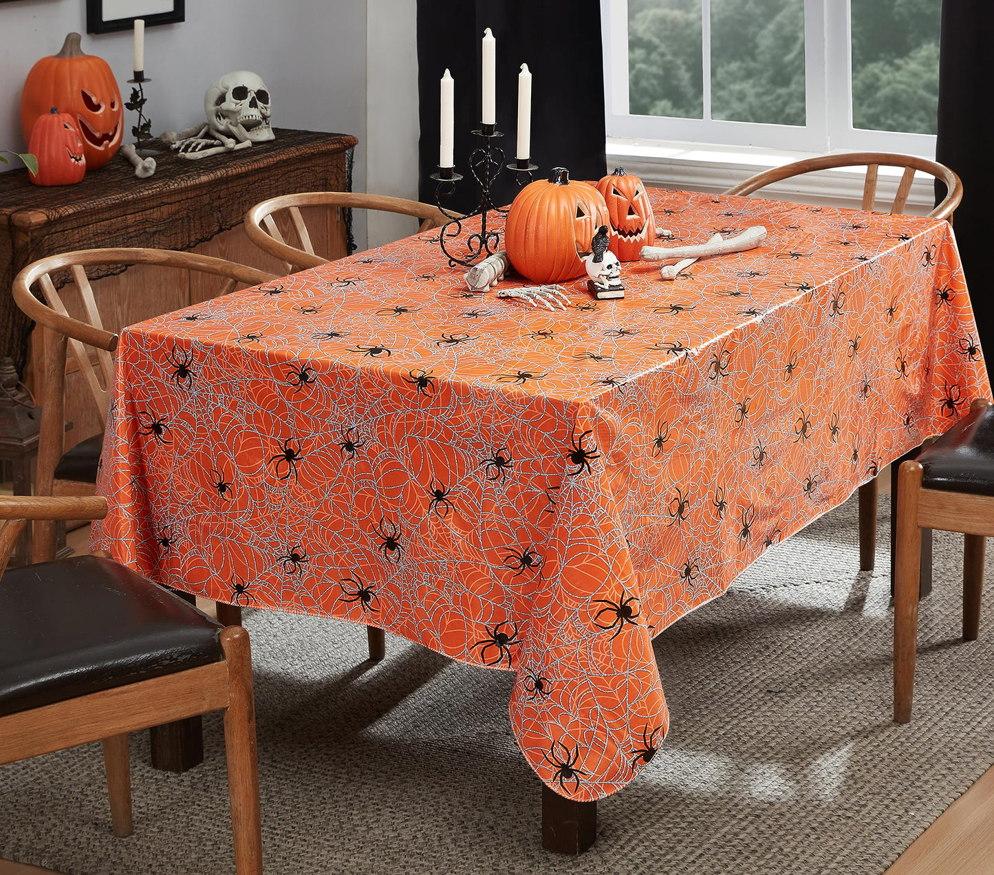 Newbridge Halloween Orange Scary Spiders Web 52 x 70 Inch Rectangle Vinyl Tablecloth with Flannel Backing