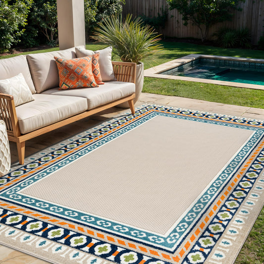 Rugshop Indoor/Outdoor High-Low Textured Area Rug, Coastal Border, Easy-Clean Patio Rug for Porch Deck Balcony 6' 6" x 9' Multi