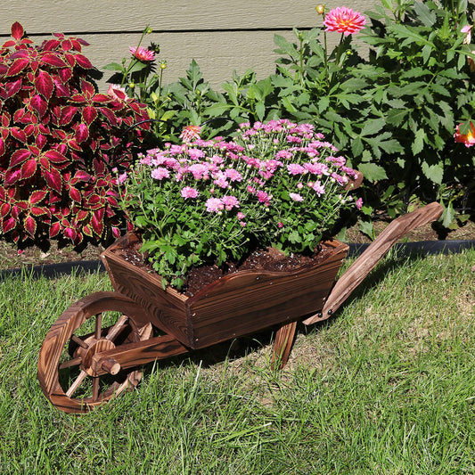 Sunnydaze Outdoor Wooden Decorative Wheelbarrow Planter - for Indoor or Outdoor Use - 35" W x 10.25" D x 12" H - Brown