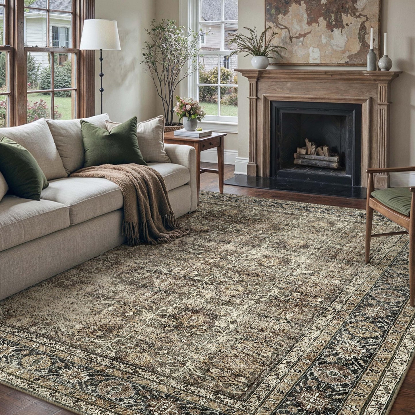 PureCozy Vintage Area Rug 8x10 Brown Washable Living Room Large Carpet Non Slip Bedroom Indoor Office Low Pile Traditional Distressed Retro Accent Rug for Dining Room