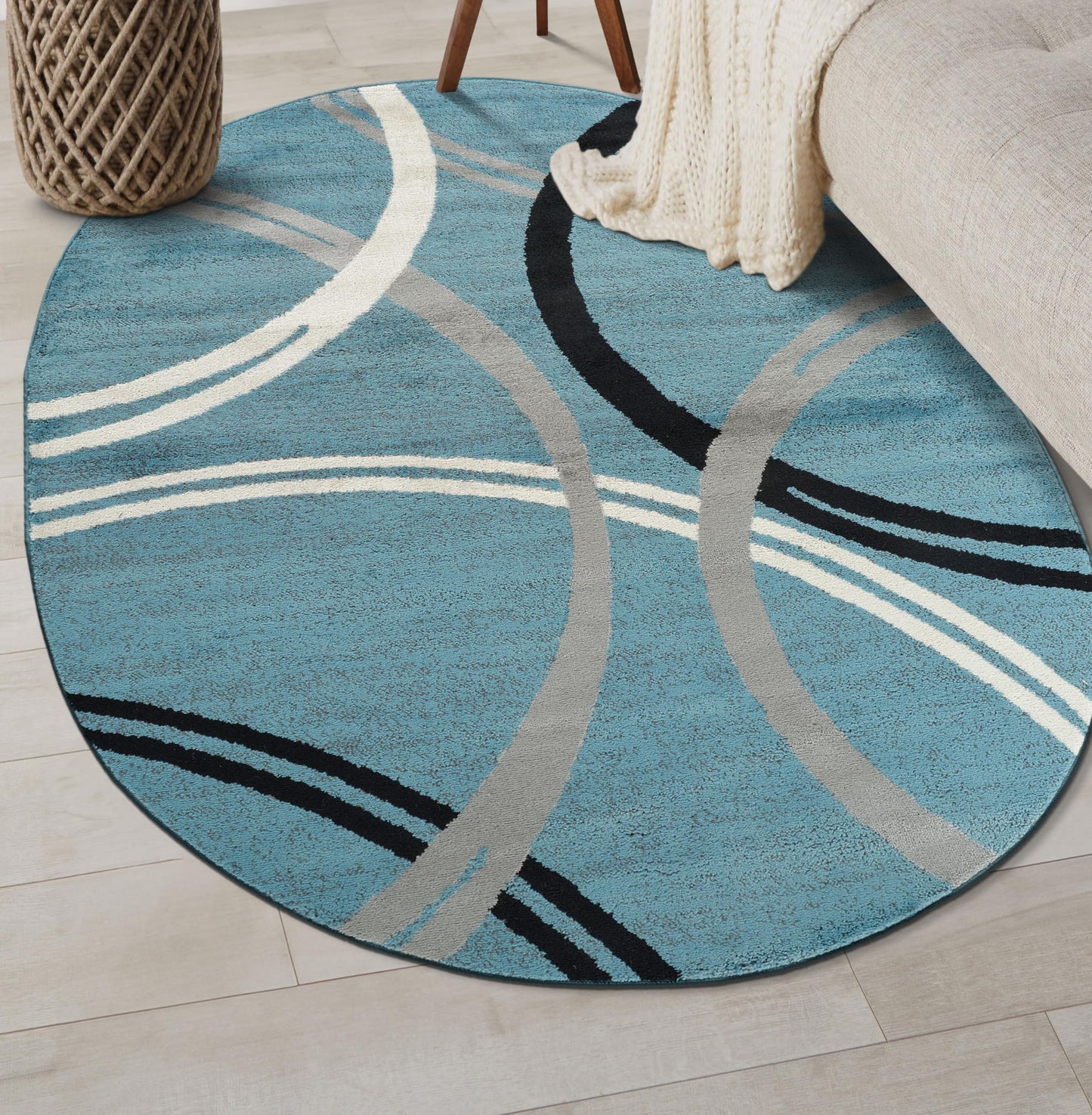 Rugshop Modern Wavy Circles Design Oval Rug, Non-Shedding Carpet for Living Room, Bedroom, or Dining Room, Blue, 5' x 7' Oval