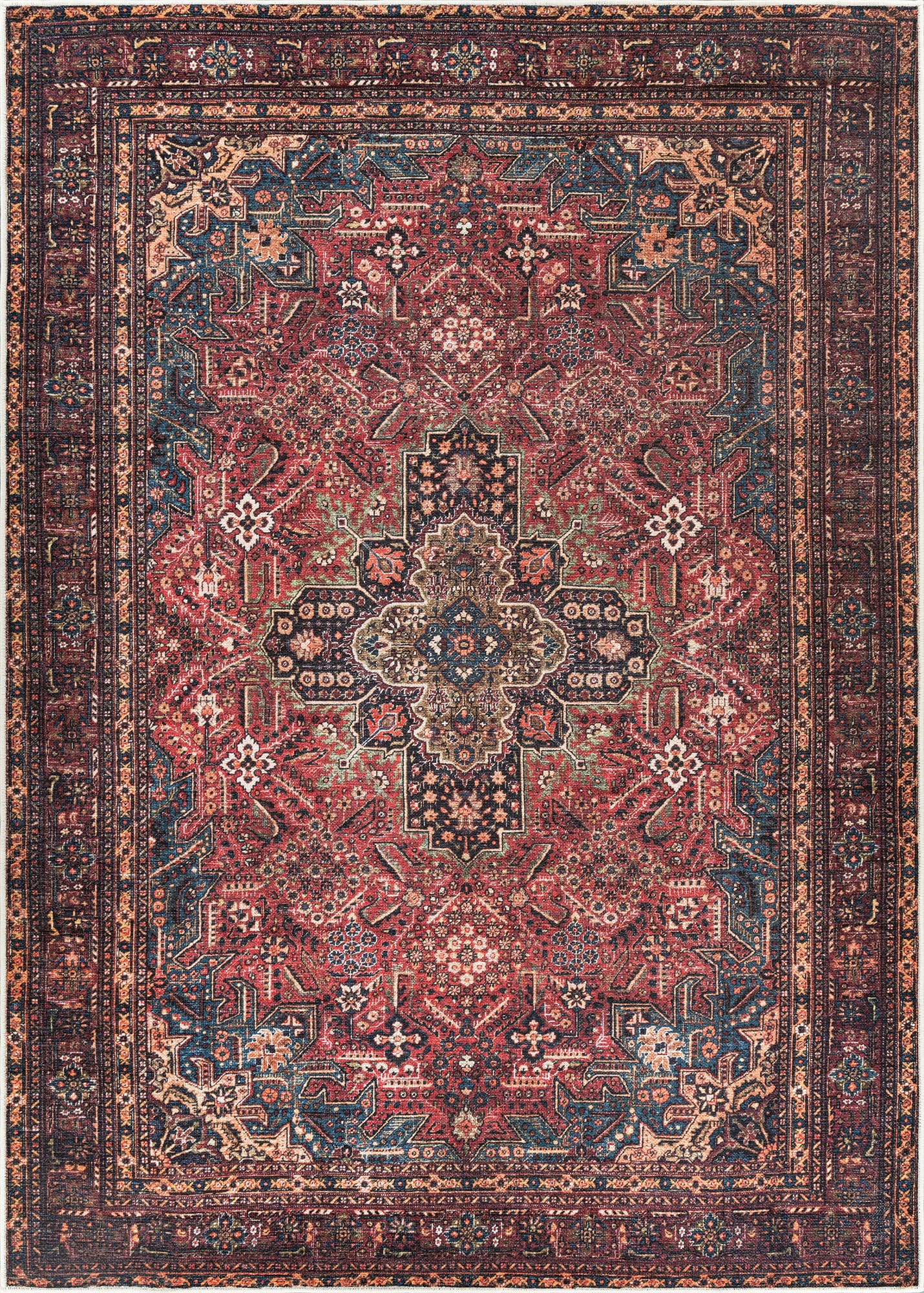 Bloom Rugs Washable Non-Slip 4' x 6' Rug - Red/Teal Blue/Yellow Traditional Medallion Area Rug for Living Room, Bedroom, Dining Room, and Kitchen - Exact Size: 4' x 6'
