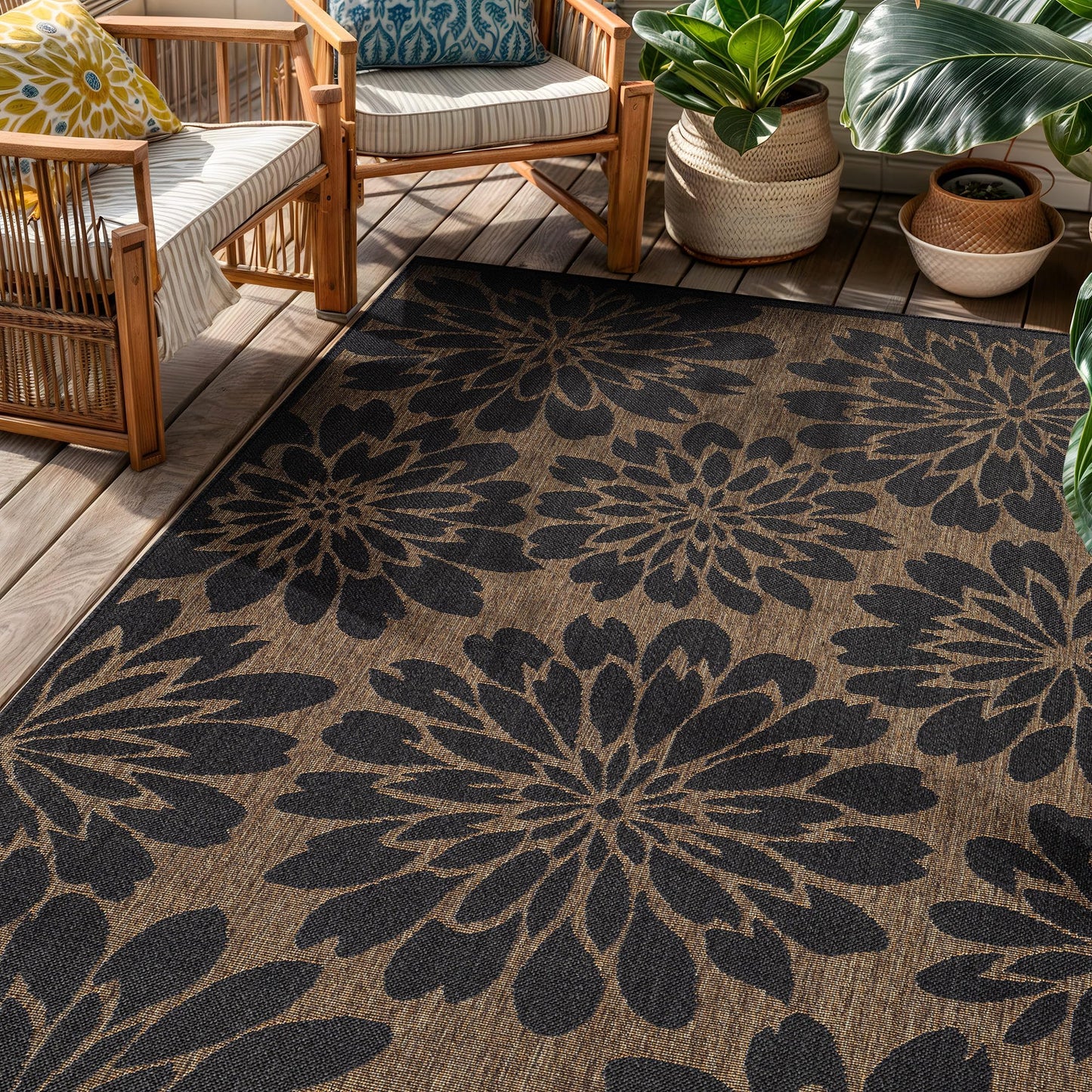 Rugshop Floral Indoor Outdoor Flat Woven Area Rug,Natural Jute-Style,Easy-Care Patio Rug for Backyard Porch Deck Balcony, 5' x 7' Dark Gray/Natural