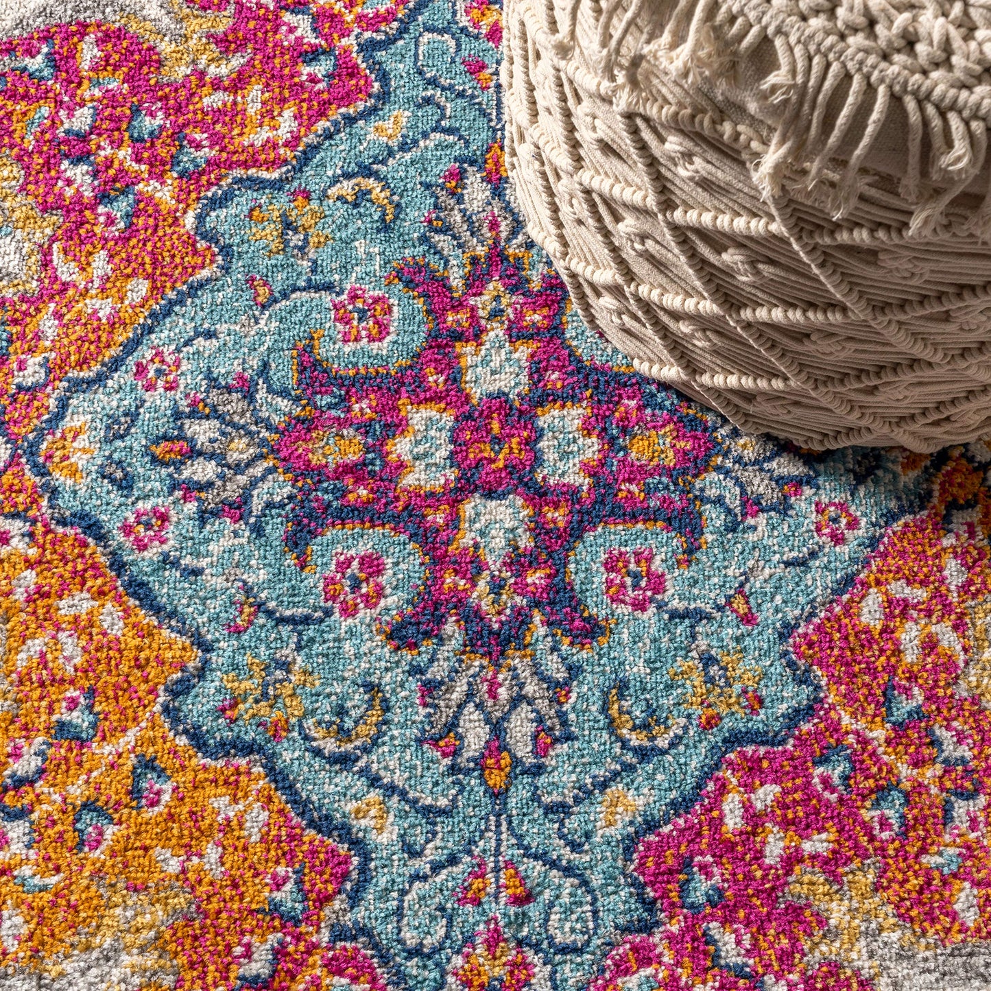 JONATHAN Y Boho Vintage Blue/Multi 8' Round Area Rug, Bohemian Flair Medallion, Floral Easy-Cleaning High Traffic for Living Room, Bedroom, Kitchen, Pet-Friendly, Non Shedding (BMF106A-8R)