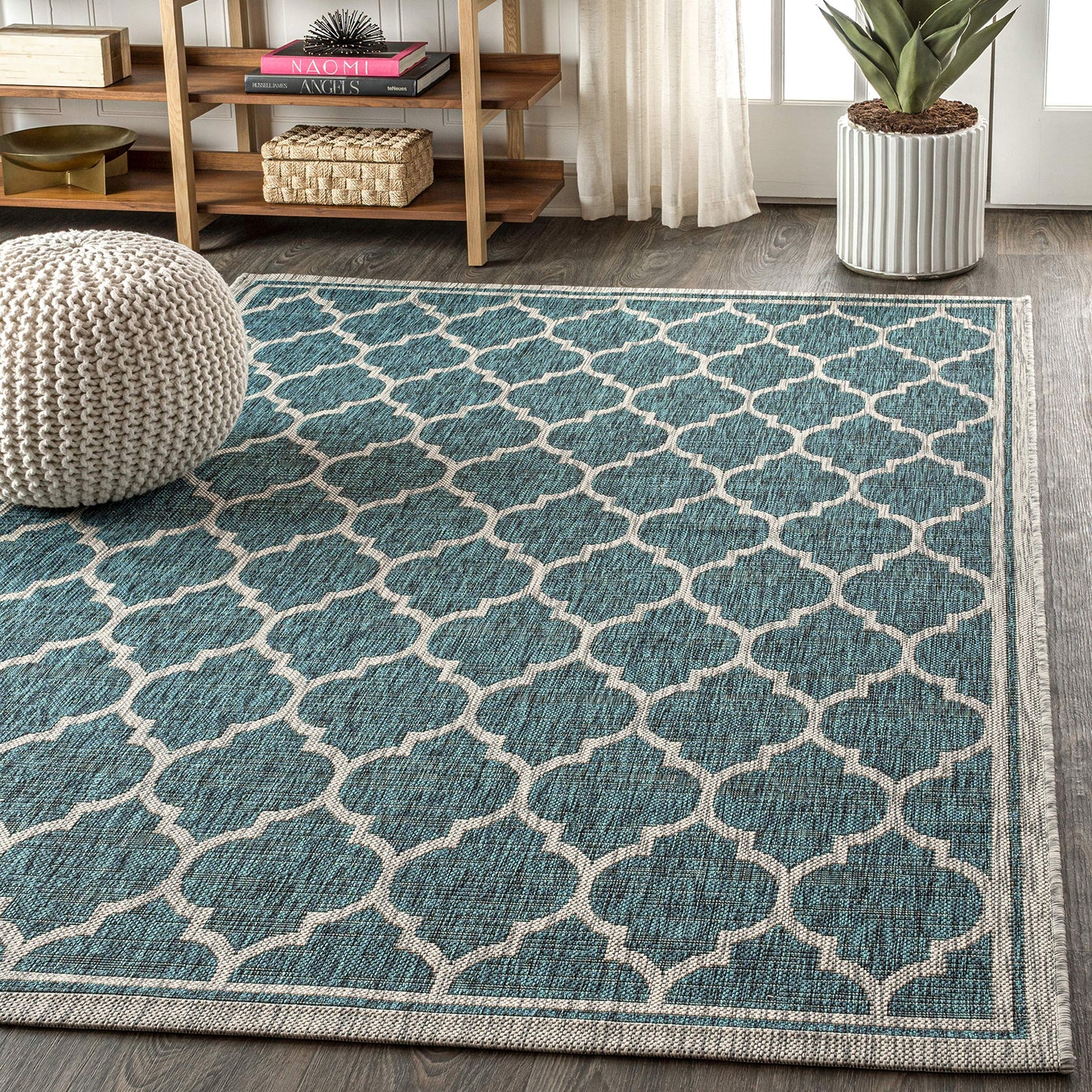 JONATHAN Y Moroccan Trellis Indoor Outdoor Area Rug 8X10 Teal/Gray, Trebol Textured Weave for Backyard, Patio, Porch, Easy-Cleaning, High Traffic, Pet-Friendly, Non-Shedding (SMB109E-8)